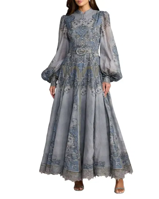 Mac Duggal Floral Printed Belted Maxi Dress