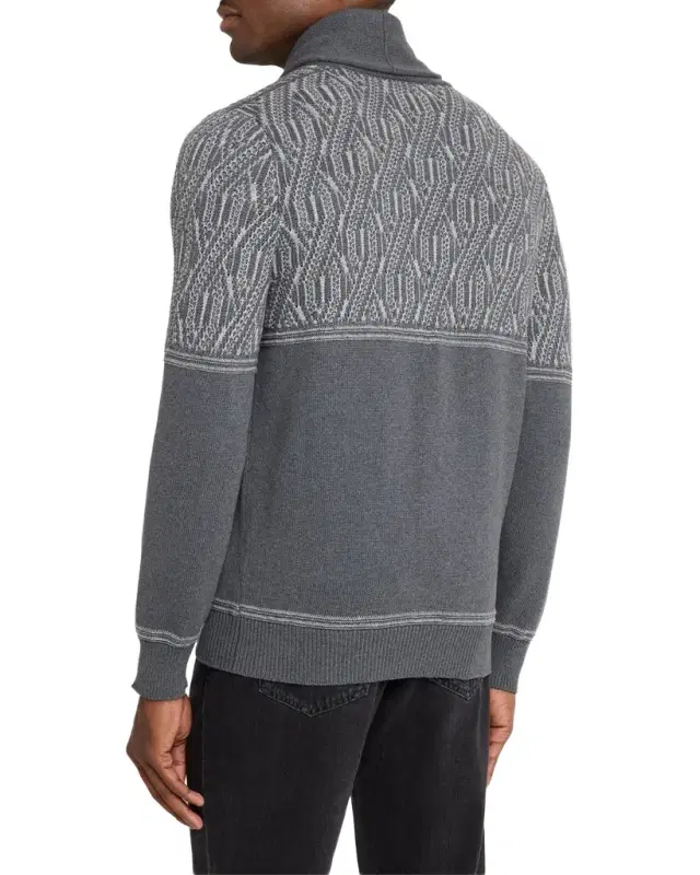 Men's Cotton Jacquard Cable Shawl-Collar Cardigan
