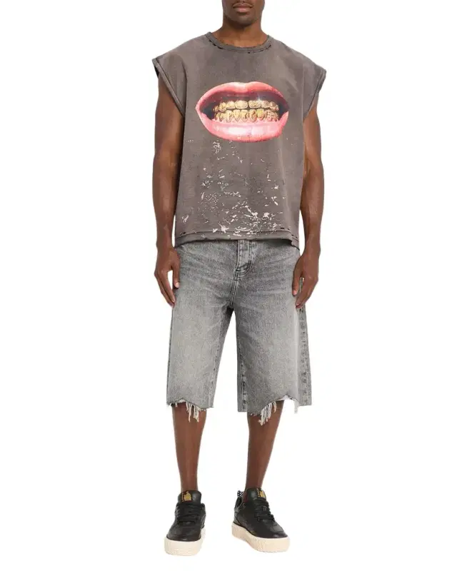 PURPLE Men 's High Summer Distressed Asymmetric Denim Shorts