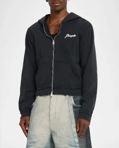 PURPLE Men's Logo Cotton Distressed Shrunken Hoodie | Thumbnail 3