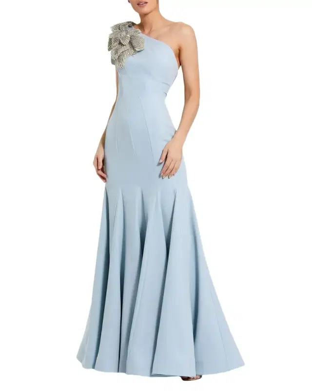 Petite One-Shoulder Trumpet Gown w/ Crystal Flower