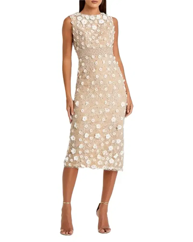 Petite Floral-Appliqué Sleeveless Sheath Cocktail Dress