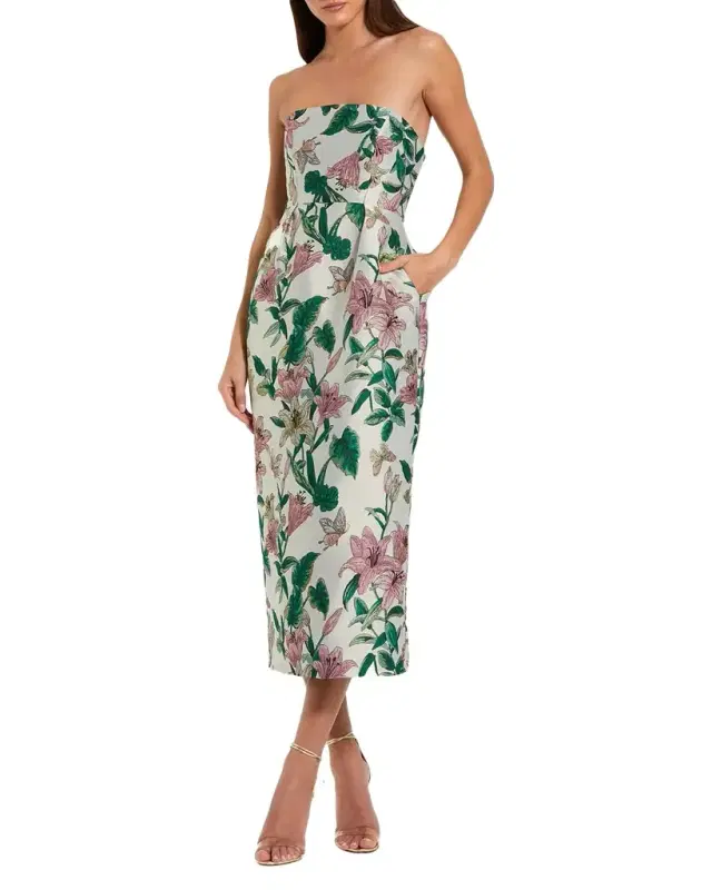 Petite Strapless Floral Brocade Dress w/ Pockets