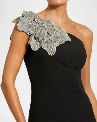 Mac Duggal Petite One-Shoulder Trumpet Gown w/ Crystal Flower | Thumbnail 2