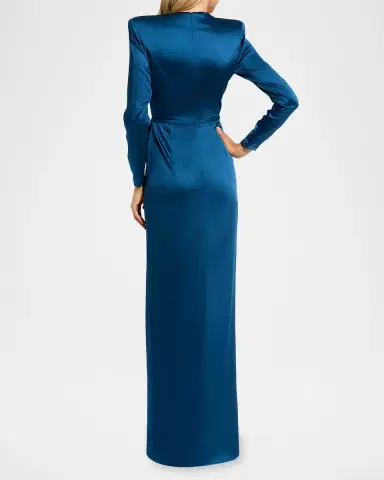 Mac Duggal Petite Long-Sleeve Satin Column Gown | Thumbnail 2 Mac Duggal Petite Long-Sleeve Satin Column Gown | Thumbnail 2