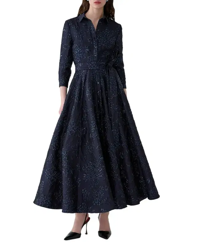 3/4-Sleeve Jacquard Midi Shirtdress