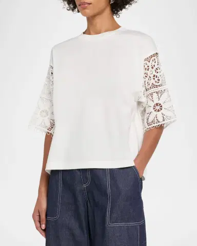 Lafayette 148 New York Embroidered-Sleeve Boxy Cotton Top | Thumbnail 3 Lafayette 148 New York Embroidered-Sleeve Boxy Cotton Top | Thumbnail 3
