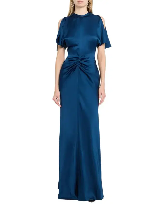 Victoria Beckham Gathered Waist Flutter-Sleeve Satin Gown
