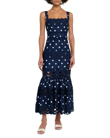 Self-Portrait Polka Dot Linen Midi Dress | Thumbnail 1 Self-Portrait Polka Dot Linen Midi Dress | Thumbnail 1