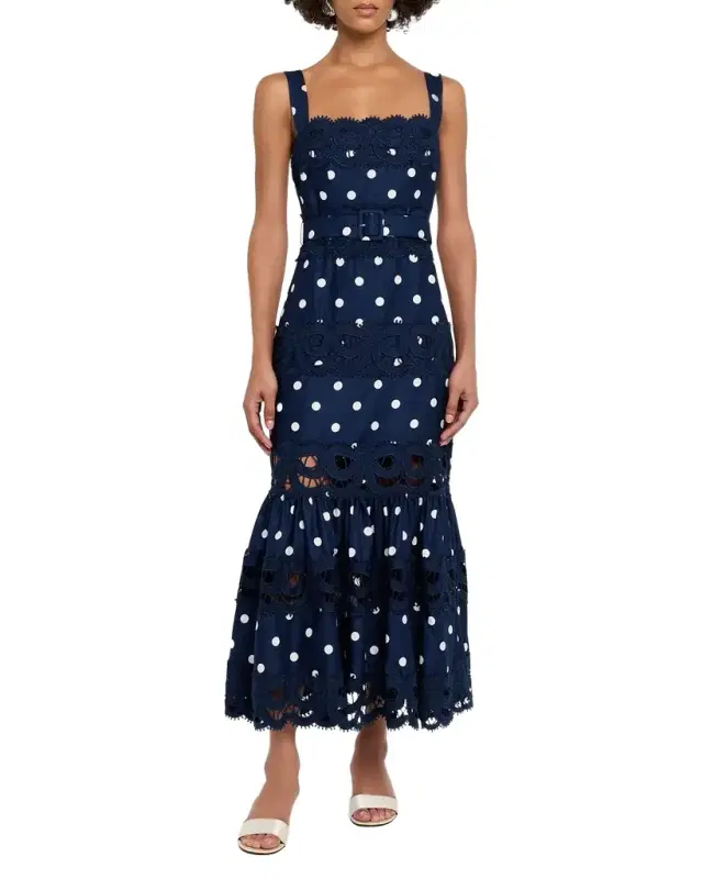 Self-Portrait Polka Dot Linen Midi Dress
