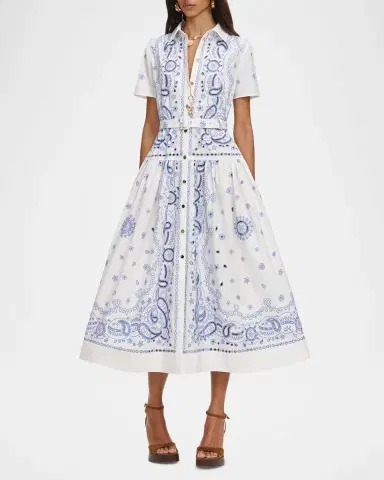 Self-Portrait Embroidered Cotton Belted Midi Dress | Thumbnail 3