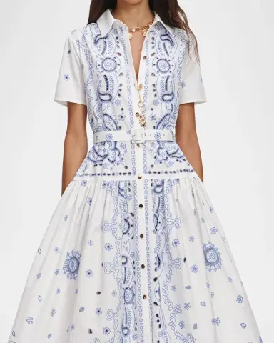 Self-Portrait Embroidered Cotton Belted Midi Dress | Thumbnail 4