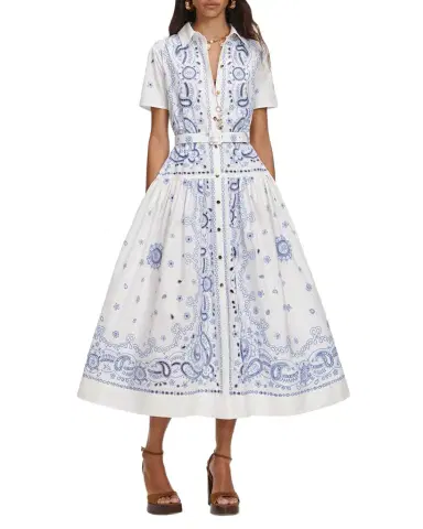 Self-Portrait Embroidered Cotton Belted Midi Dress | Thumbnail 1