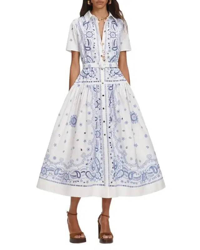 Embroidered Cotton Belted Midi Dress
