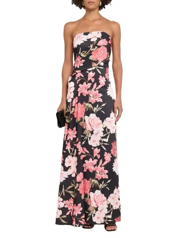 Strapless Floral Crepe Back Satin Gown