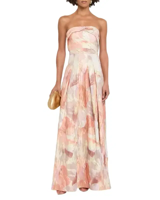 Pleated Strapless Metallic Jacquard Gown
