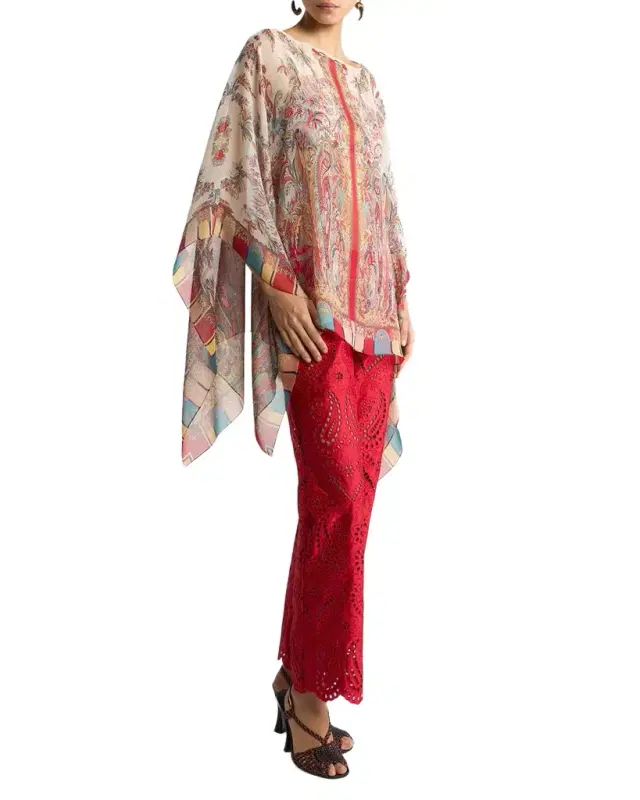 Paisley Foliage Motif Silk Poncho Top