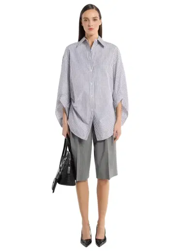 Michael Kors Collection Keegan Striped Cotton Poplin Cinched Shirt in Purple | Thumbnail 1 Michael Kors Collection Keegan Striped Cotton Poplin Cinched Shirt in Purple | Thumbnail 1