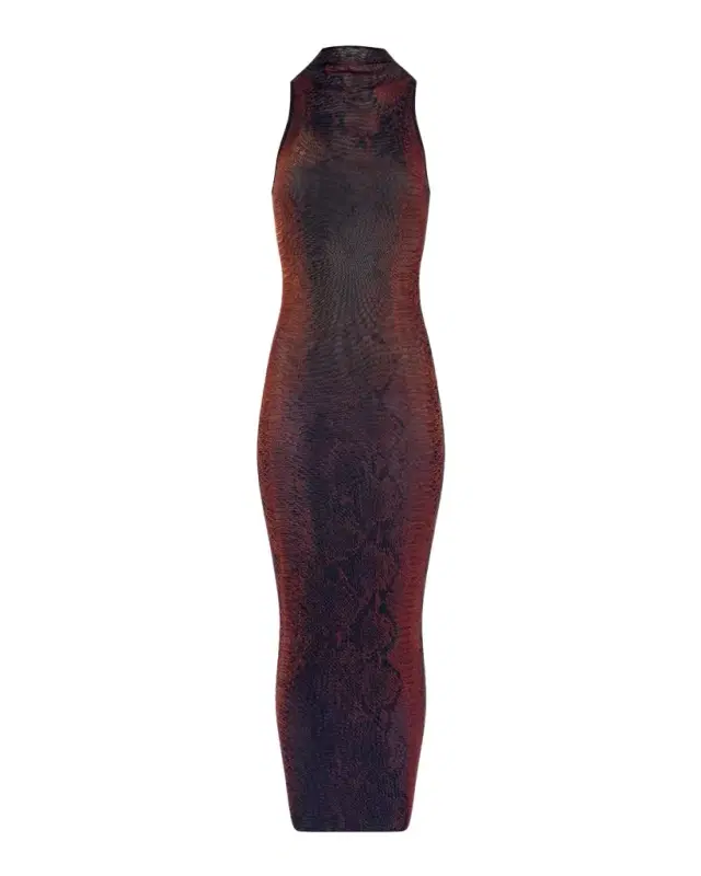 Snakeskin-Print Mesh High-Neck Sleeveless Maxi Dress