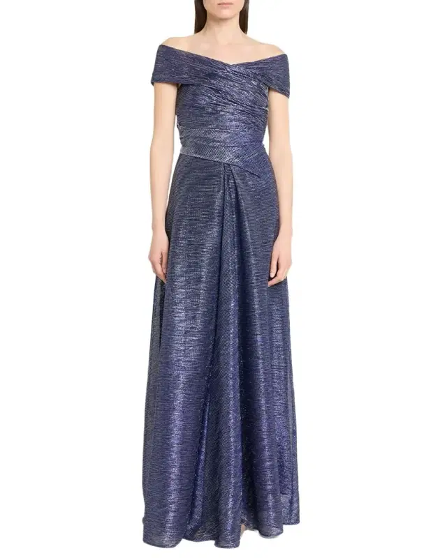 Off-The-Shoulder Metallic Voile Long Dress