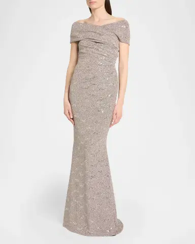 Talbot Runhof Crisscross Off-The-Shoulder Shimmering Jersey Gown | Thumbnail 3
