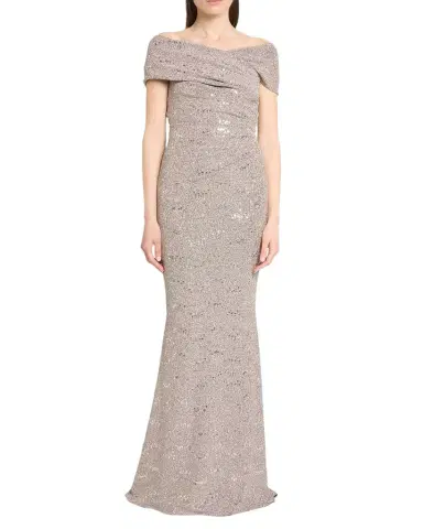 Talbot Runhof Crisscross Off-The-Shoulder Shimmering Jersey Gown | Thumbnail 1