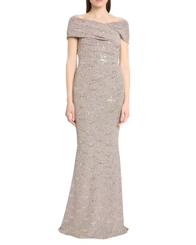 Talbot Runhof Crisscross Off-The-Shoulder Shimmering Jersey Gown