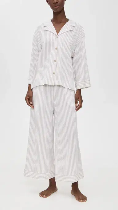 Petite Plume Pima Olivia Pajama Set in Camel Ticking Stripe Camel | Thumbnail 2 Petite Plume Pima Olivia Pajama Set in Camel Ticking Stripe Camel | Thumbnail 2