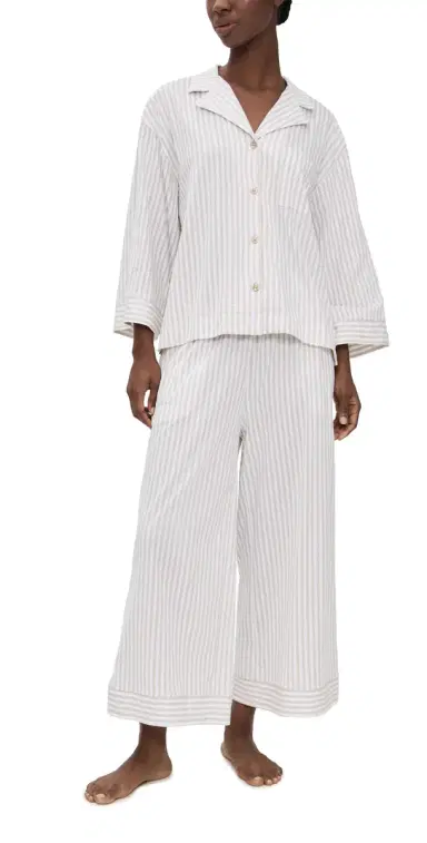 Petite Plume Pima Olivia Pajama Set in Camel Ticking Stripe Camel | Thumbnail 1 Petite Plume Pima Olivia Pajama Set in Camel Ticking Stripe Camel | Thumbnail 1