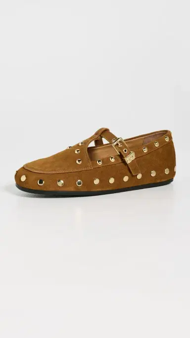 Ganni Mary Jenny Studs Suede Flats Caramel Café | Thumbnail 2
