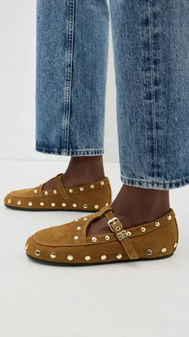 Ganni Mary Jenny Studs Suede Flats Caramel Café | Thumbnail 3