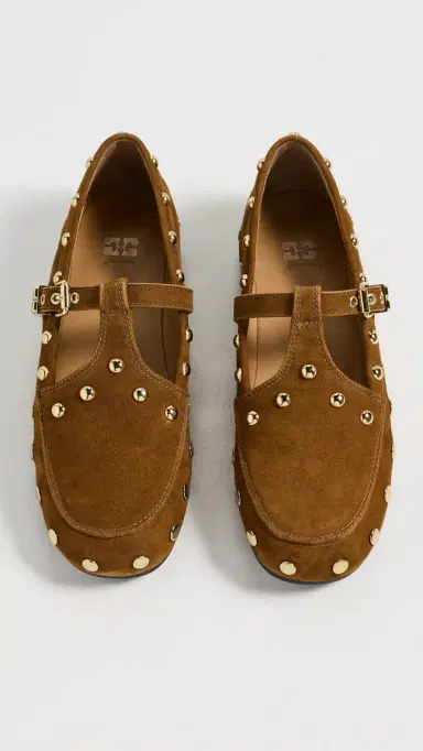 Ganni Mary Jenny Studs Suede Flats Caramel Café | Thumbnail 5