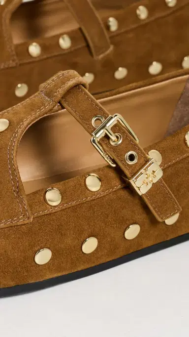Ganni Mary Jenny Studs Suede Flats Caramel Café | Thumbnail 6
