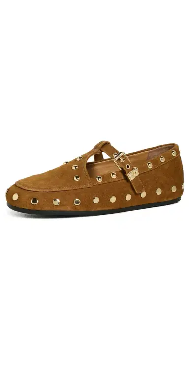 Ganni Mary Jenny Studs Suede Flats Caramel Café | Thumbnail 1