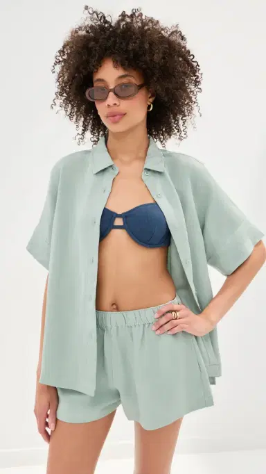 LE BOP Leila Short Sleeve Buttondown Frosty Green | Thumbnail 2