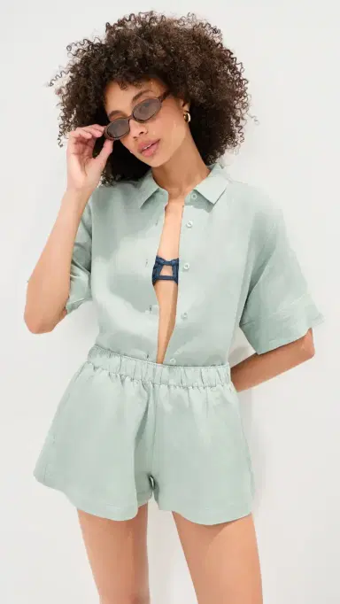 LE BOP Leila Short Sleeve Buttondown Frosty Green | Thumbnail 3