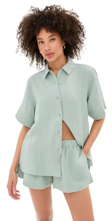 LE BOP Leila Short Sleeve Buttondown Frosty Green | Thumbnail 1