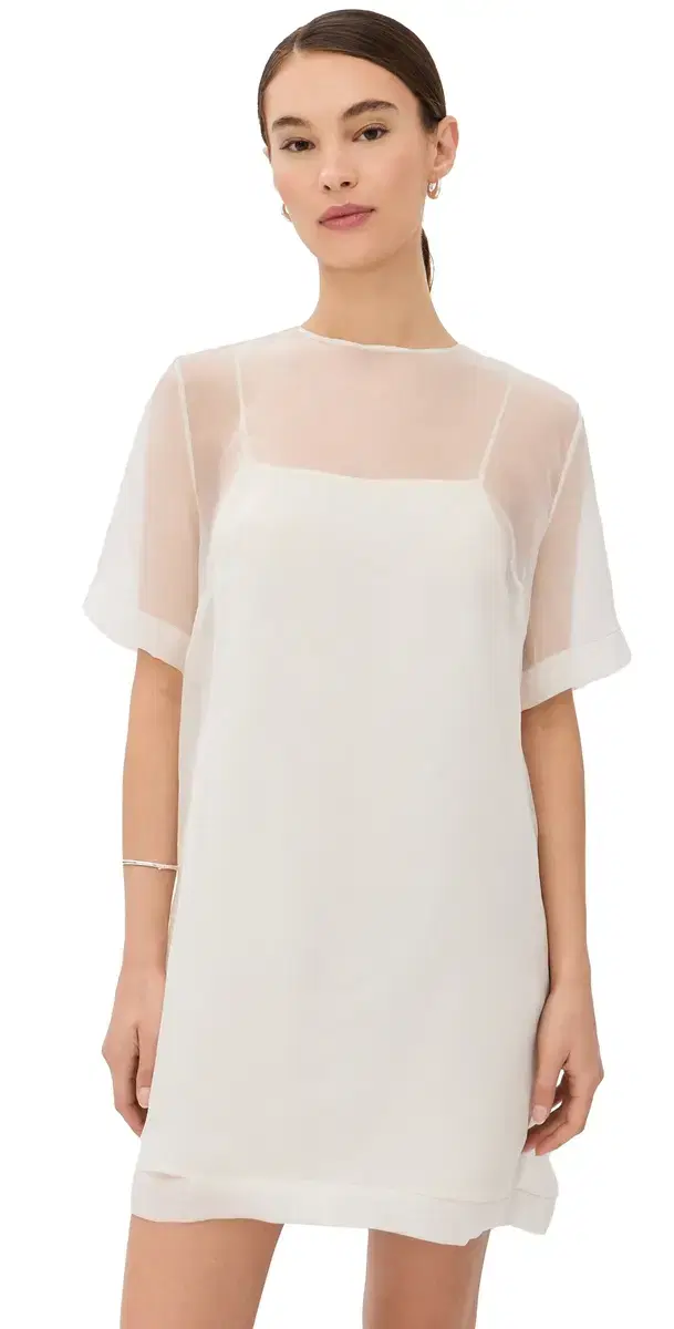 AMI Sheer Silk Trapeze Mini Dress with Slip Blanc Creme