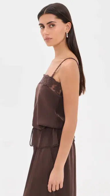 BARDOT Bonita Satin Lace Trim Top Dark Choco | Thumbnail 4