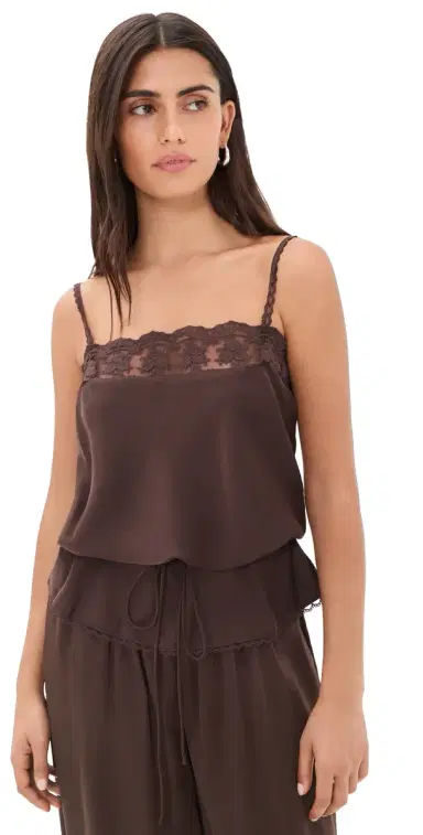 BARDOT Bonita Satin Lace Trim Top Dark Choco | Thumbnail 1