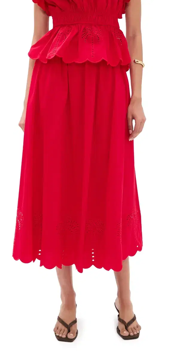 English Factory Embroidered High Waist Midi Skirt Red
