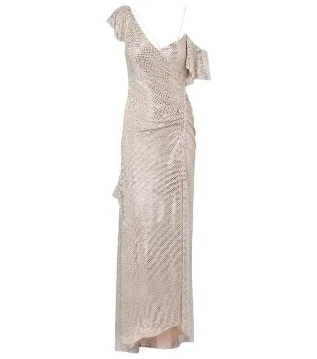 Draped rhinestone-embellished maxi dress