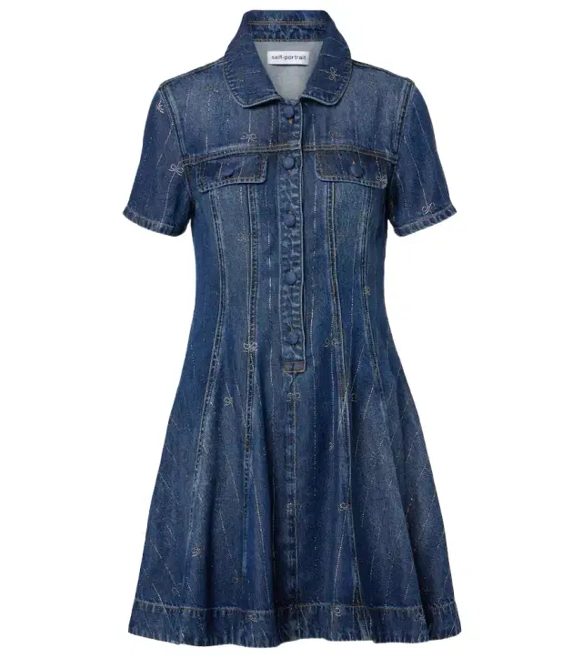 Embellished pleated denim minidress