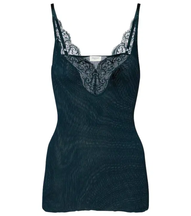Saint Laurent Lace-trimmed ribbed-knit silk top