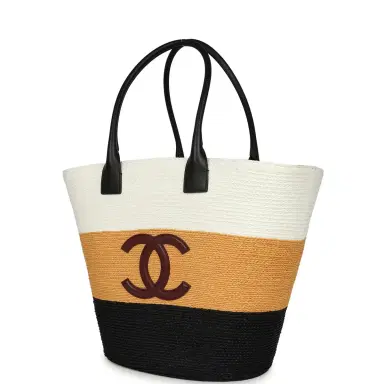 Chanel Chanel Maxi Coco Beach Small Shopping Bag White, Dark Beige, Black Raffia and Calfskin | Thumbnail 5 Chanel Chanel Maxi Coco Beach Small Shopping Bag White, Dark Beige, Black Raffia and Calfskin | Thumbnail 5