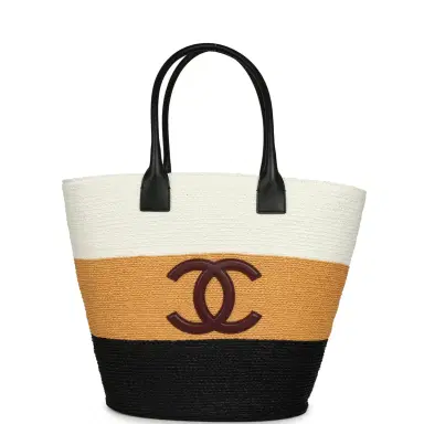 Chanel Chanel Maxi Coco Beach Small Shopping Bag White, Dark Beige, Black Raffia and Calfskin | Thumbnail 1 Chanel Chanel Maxi Coco Beach Small Shopping Bag White, Dark Beige, Black Raffia and Calfskin | Thumbnail 1