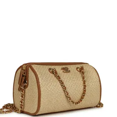 Chanel Chanel Mini Timeless Classic Barrel Bag with Chain Beige Braided Raffia and Brown Calfskin Light Gold Hardware | Thumbnail 2 Chanel Chanel Mini Timeless Classic Barrel Bag with Chain Beige Braided Raffia and Brown Calfskin Light Gold Hardware | Thumbnail 2