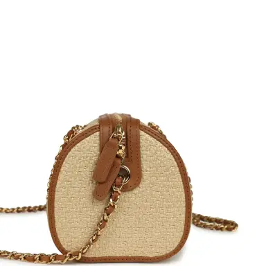 Chanel Chanel Mini Timeless Classic Barrel Bag with Chain Beige Braided Raffia and Brown Calfskin Light Gold Hardware | Thumbnail 3 Chanel Chanel Mini Timeless Classic Barrel Bag with Chain Beige Braided Raffia and Brown Calfskin Light Gold Hardware | Thumbnail 3