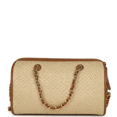 Chanel Chanel Mini Timeless Classic Barrel Bag with Chain Beige Braided Raffia and Brown Calfskin Light Gold Hardware | Thumbnail 4 Chanel Chanel Mini Timeless Classic Barrel Bag with Chain Beige Braided Raffia and Brown Calfskin Light Gold Hardware | Thumbnail 4