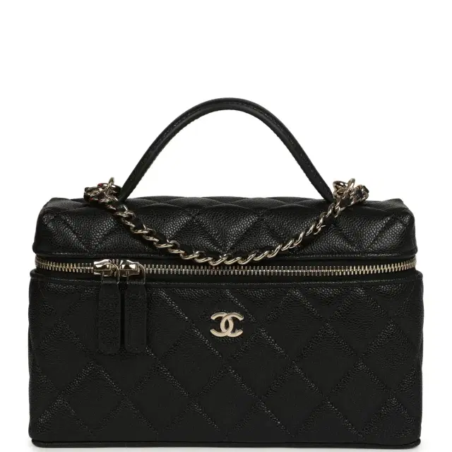 Chanel Chanel Top Handle Long Vanity Case with Chain Black Shiny Caviar Light Gold Hardware